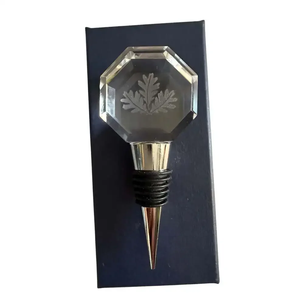 Octagonal Crystal Wine Bottle Stopper with Laser Etched Oak Leaf Design